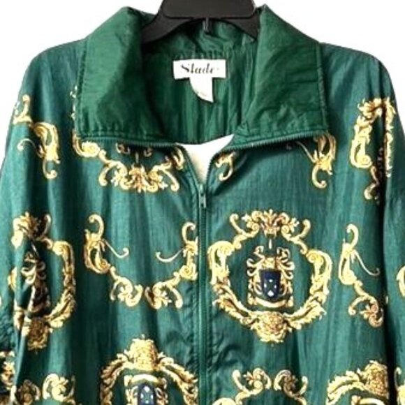 Vintage SLADE Green NYLON ORNATE BAROQUE PRINT LINED WINDBREAKER JACKET NWOT 1X - Picture 1 of 9